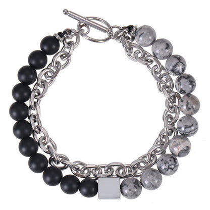 Buddhist Blessing Colorful Tiger Eye Frosted Stone Black Magnetite Titanium Steel Double Wrap Protection Bracelet