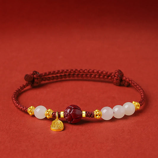 Buddhist Blessing Fu Character Jade Cinnabar 24K Gold Plated Luck Red String Bracelet