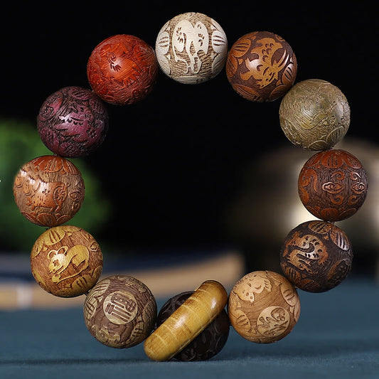 Buddhist Blessing Chinese Zodiac Rosewood Green Sandalwood Ebony Wood Copper Coin Carved Calm Bracelet