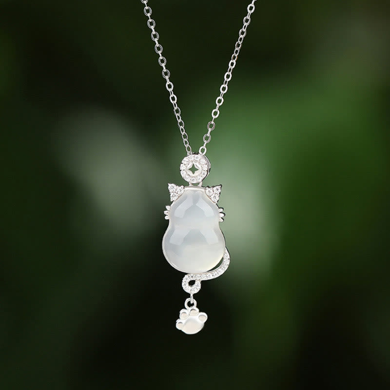 Buddhist Blessing 925 Sterling Silver 14k Gold White Jade Gourd Cat Protection Necklace Pendant