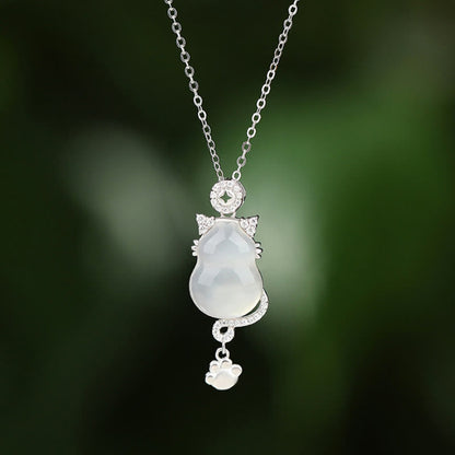 Buddhist Blessing 925 Sterling Silver 14k Gold White Jade Gourd Cat Protection Necklace Pendant