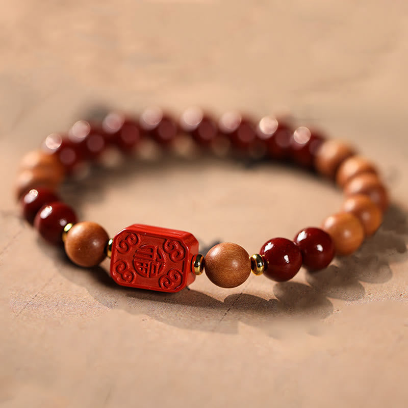 Buddhist Blessing Cinnabar Wood Beads Lotus Fu Character Blessing Bracelet