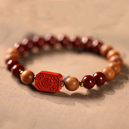 Buddhist Blessing Cinnabar Wood Beads Lotus Fu Character Blessing Bracelet