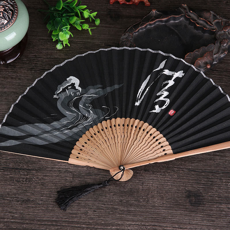 Buddhist Blessing Chinese Characters Golden Dragonfly Handheld Cotton Linen Bamboo Folding Fan 22cm