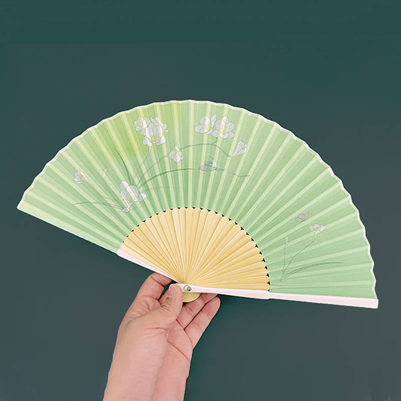 Buddhist Blessing Orchid Begonia Flower Handheld Cotton Linen Fabric Bamboo Folding Fan