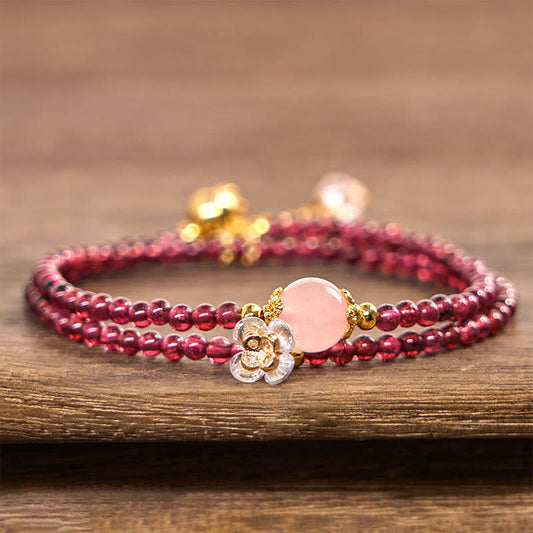 Buddhist Blessing Natural Flower Garnet Pink Crystal Calm Double Wrap Bracelet