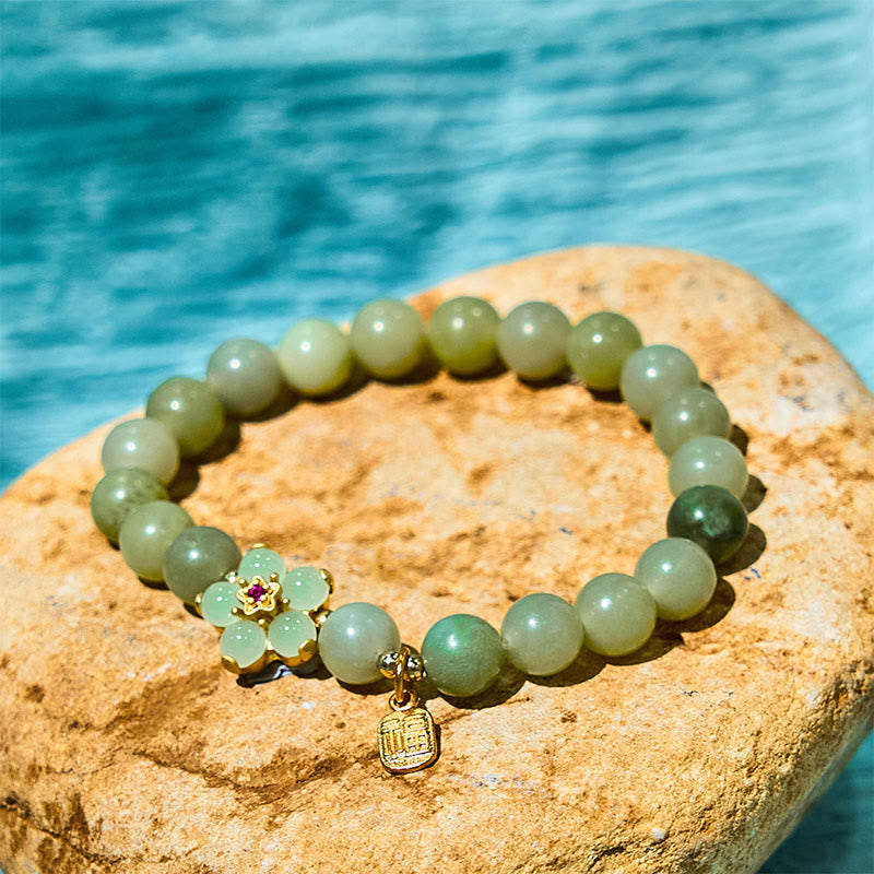 Buddhist Blessing Green Jade Flower Fu Character Charm Luck Bracelet