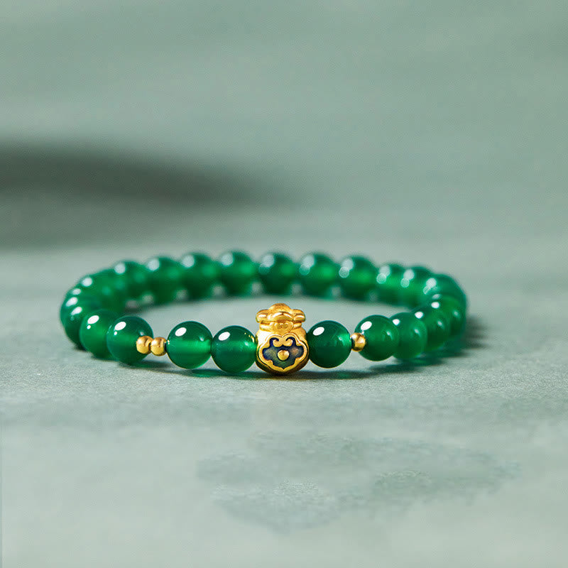 Buddhist Blessing 999 Sterling Silver Lucky Bag Green Chalcedony Calm Bracelet