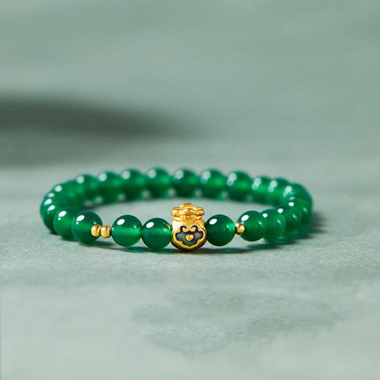 Buddhist Blessing 999 Sterling Silver Lucky Bag Green Chalcedony Calm Bracelet