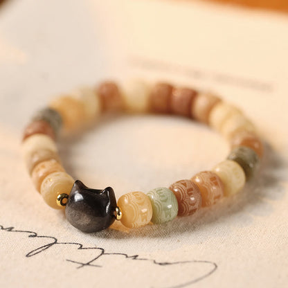 Buddhist Blessing Bodhi Seed Om Mani Padme Hum Carved Silver Sheen Obsidian Cat Head Wisdom Bracelet