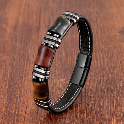 Buddhist Blessing Tiger Eye Three Bamboo Stone Protection Power Leather Bracelet