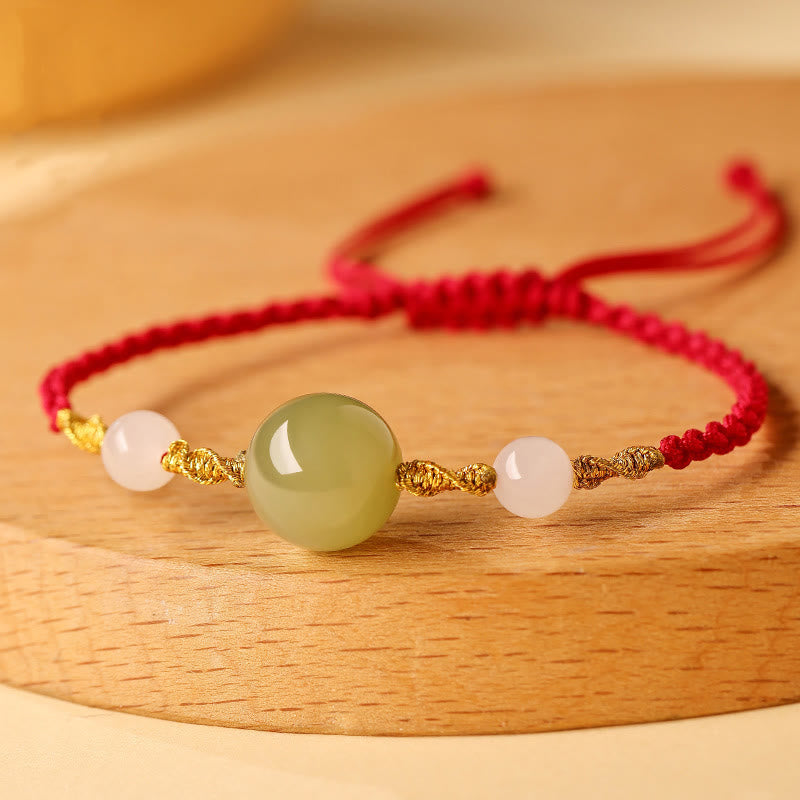 Buddhist Blessing Hetian Jade Black Onyx Red Agate Bead Luck Braided Bracelet