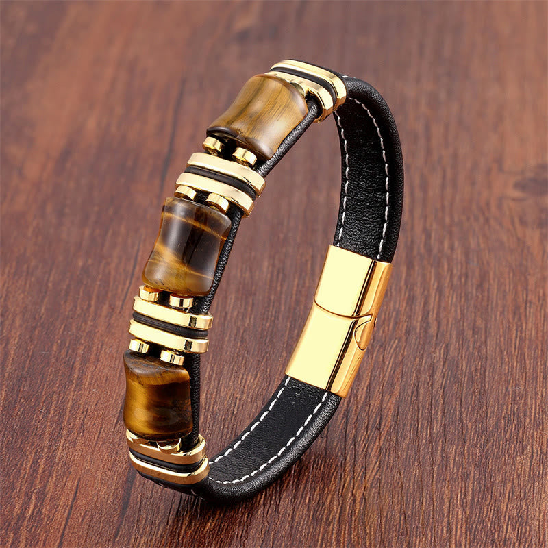 Buddhist Blessing Tiger Eye Three Bamboo Stone Protection Power Leather Bracelet