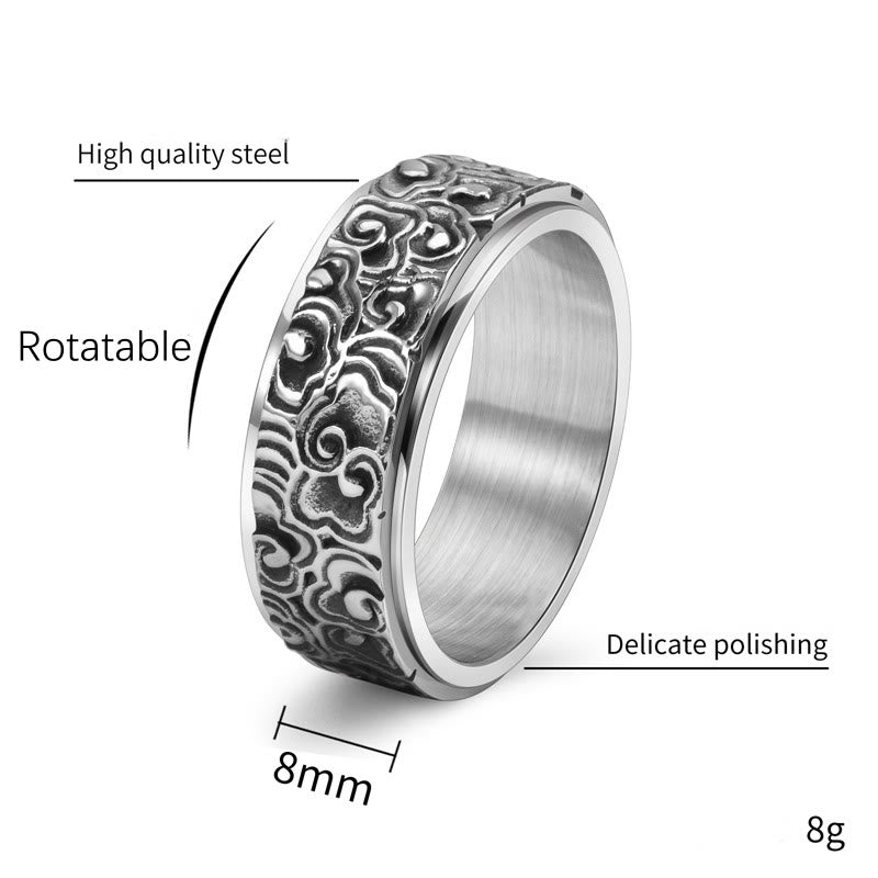 Buddhist Blessing Auspicious Clouds Pattern Carved Titanium Steel Balance Rotatable Ring