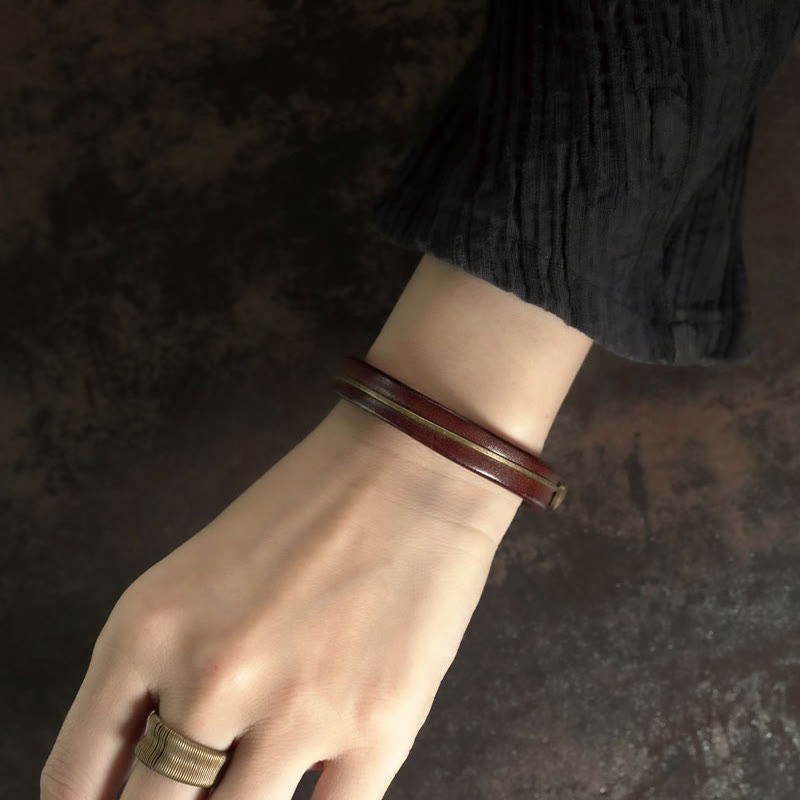 Buddhist Blessing Vintage Leather Copper Brass Wire Healing Bangle Bracelet