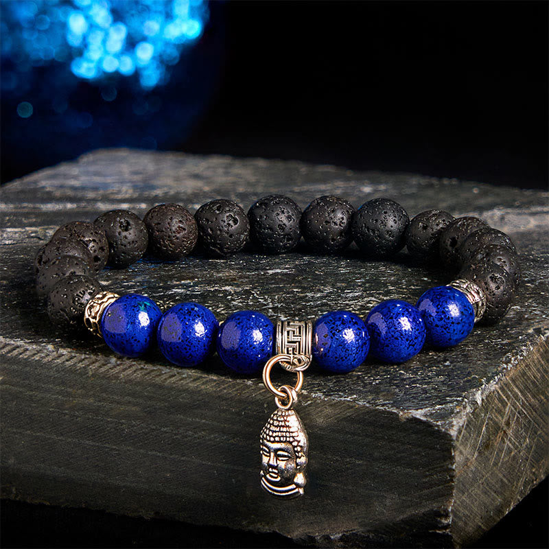 Buddhist Blessing Black Lava Rock Crystal Beads Animal Pattern Healing Bracelet