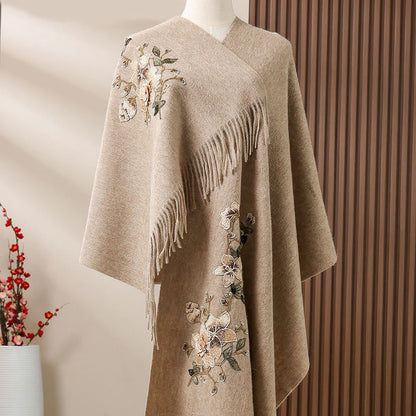 Buddhist Blessing Wool Shawl White Orange Flower Embroidery Tassel Winter Cozy Travel Scarf Wrap