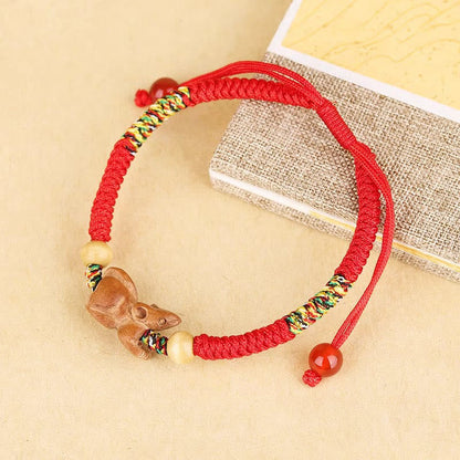 Buddhist Blessing Handmade Chinese Zodiac Red String Peach Wood Luck Bracelet