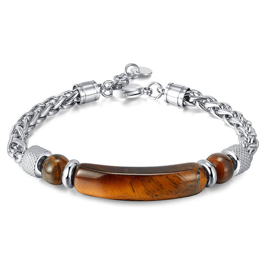 Buddhist Blessing Tiger Eye Black Obsidian Stone Titanium Steel Strength Buckle Bracelet