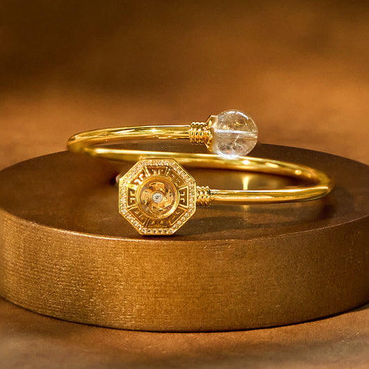 Buddhist Blessing Rutilated Quartz Copper Brass Rotatable Windmill Feng Sheng Shui Qi Courage Bracelet Bangle