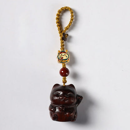 Buddhist Blessing Small Leaf Red Sandalwood Green Sandalwood Sandalwood Lucky Cat Protection Key Chain Phone Hanging Decoration