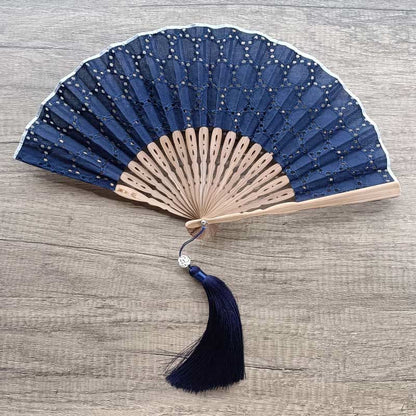 Buddhist Blessing Solid Color Hollow Flowers Embroidery Cotton Fabric Handheld Bamboo Folding Fan