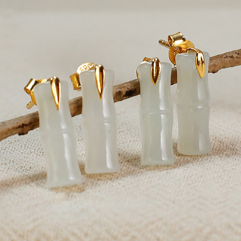 Buddhist Blessing Bamboo Hetian Jade 925 Sterling Silver Leaf Wealth Earrings