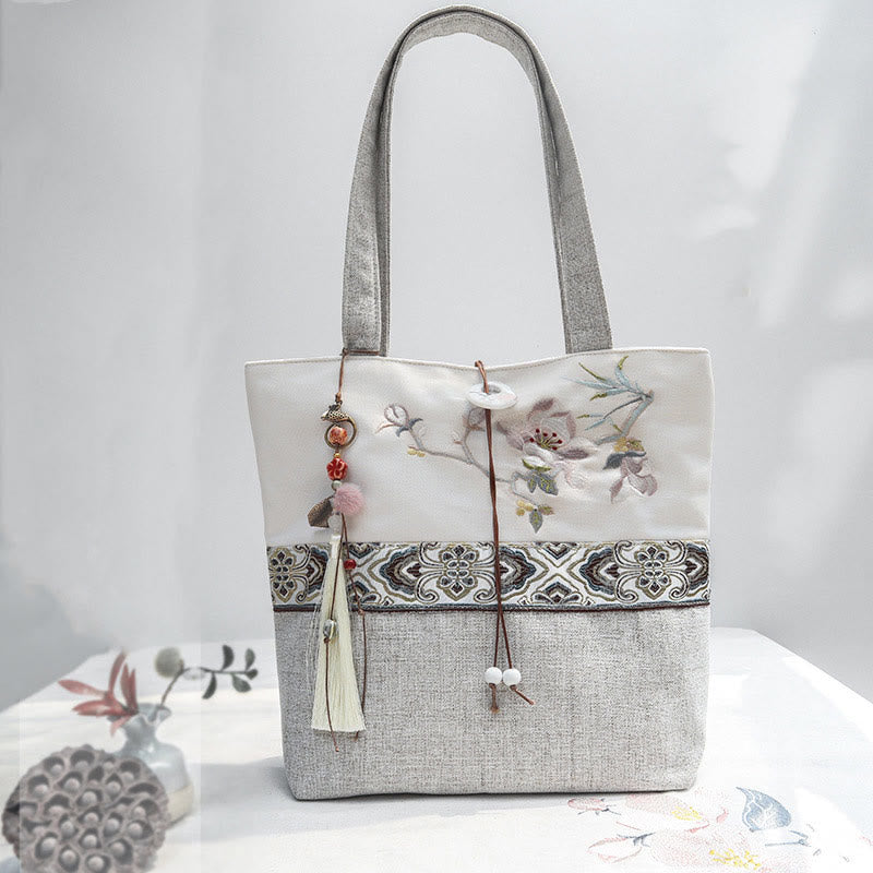 Buddhist Blessing Magnolia Embroidery Canvas Polyester Shoulder Bag