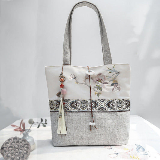 Buddhist Blessing Magnolia Embroidery Canvas Polyester Shoulder Bag