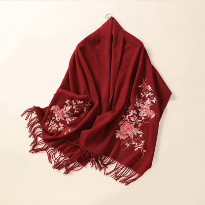 Buddhist Blessing Wool Shawl Red Flower Silver Leaves Embroidery Tassel Winter Cozy Travel Scarf Wrap