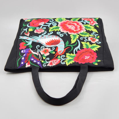 Buddhist Blessing Galsang Magpie Peony Camellia Chrysanthemum Embroidery Canvas Shopping Purse Handbag Shoulder Bag