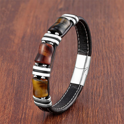 Buddhist Blessing Tiger Eye Three Bamboo Stone Protection Power Leather Bracelet