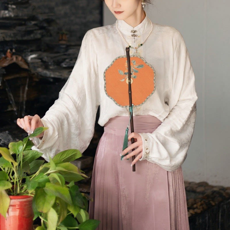 Buddhist Blessing Handmade Cherry Bamboo Leaf Grape Pattern Long Purple Bamboo Handle Portable Curlable Fan