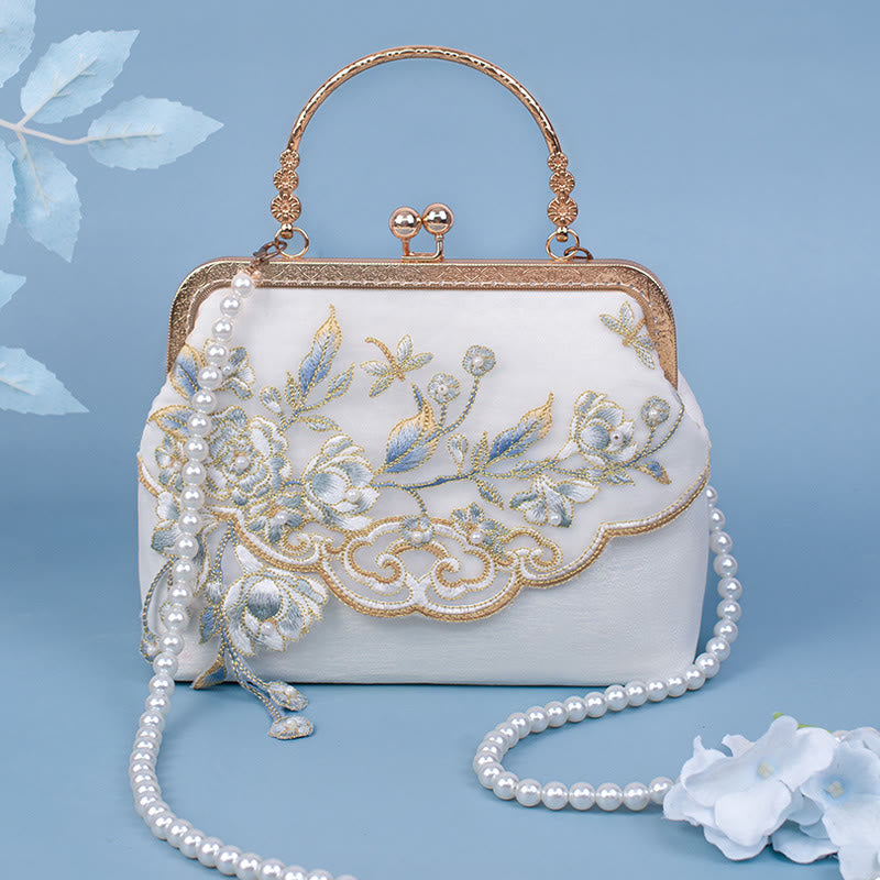Buddhist Blessing Jasmine Flowers Embroidery Pearl Chain Crossbody Bag Handbags