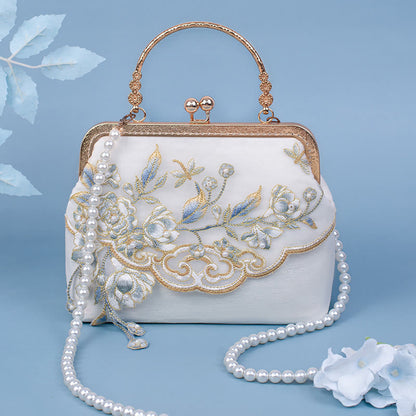 Buddhist Blessing Jasmine Flowers Embroidery Pearl Chain Crossbody Bag Handbags