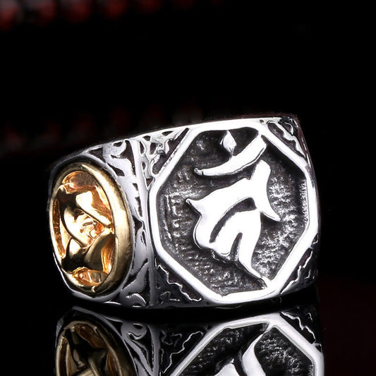 Buddhist Blessing Tibetan Titanium Steel Greeting Hand Sword Sign Sanskrit Balance Ring