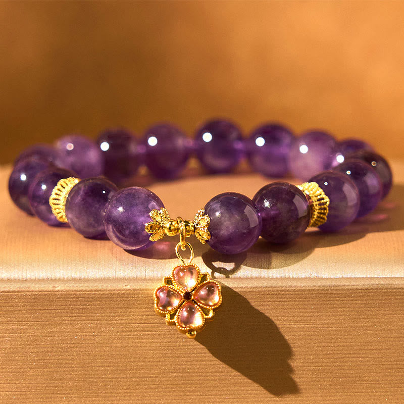 Buddhist Blessing Natural Amethyst Four Leaf Clover Charm Communication Bracelet