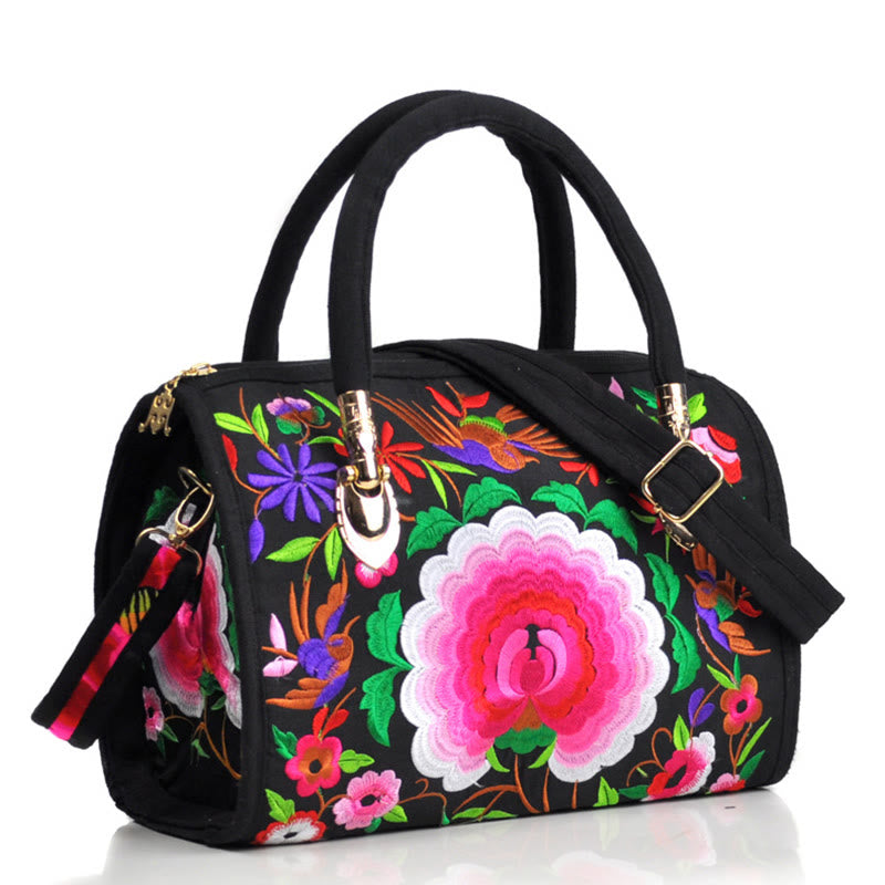 Buddhist Blessing Money Tree Peony Camellia Double-Sided Embroidery Canvas Shopping Purse Handbag Crossbody Bag
