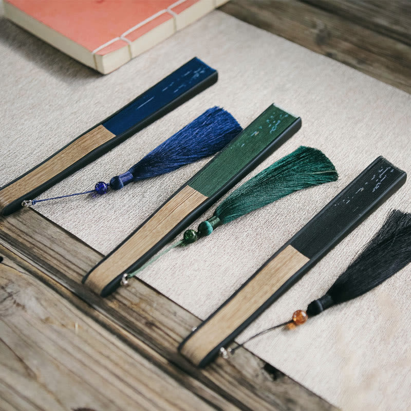 Buddhist Blessing Firefly Bamboo Leaves Pattern Tassels Handheld Bamboo Folding Fan