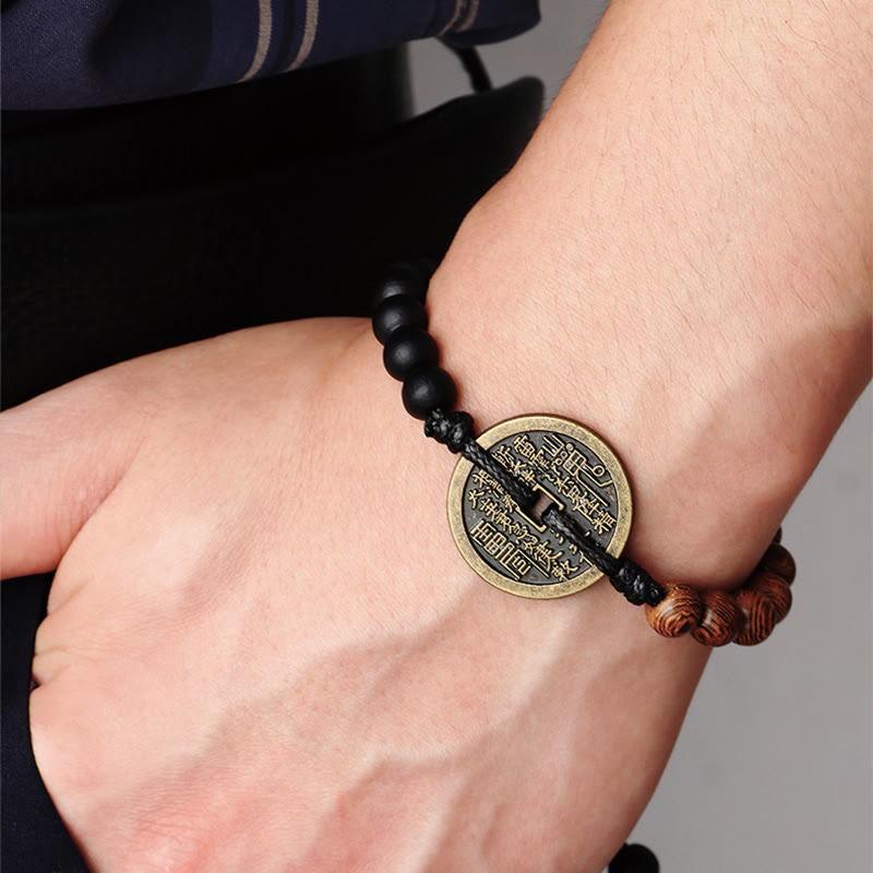 Buddhist Blessing Ebony Wood Wenge Wood Mountain Ghosts Spend Money Bagua Copper Coin Peace Bracelet
