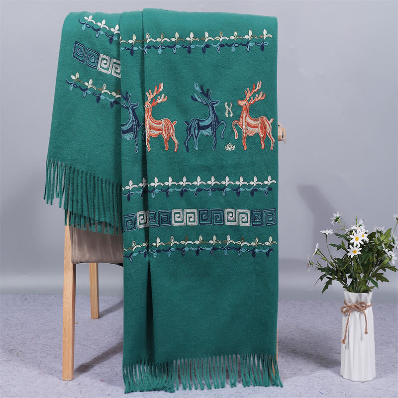 Buddhist Blessing Rayon Fabric Shawl Sika Deer Embroidery Tassel Winter Cozy Travel Scarf Wrap