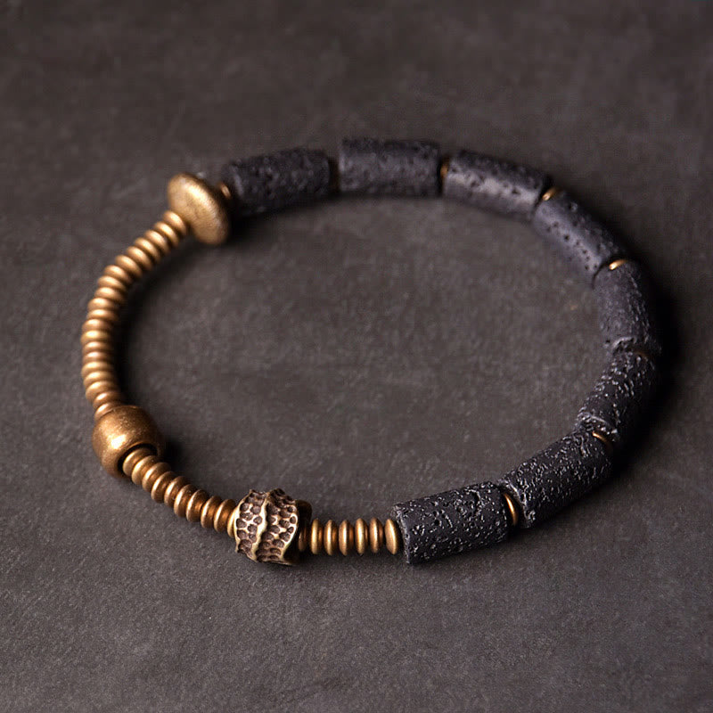 Buddhist Blessing Luck Wealth Black Lava Rock Beads Copper Bracelet