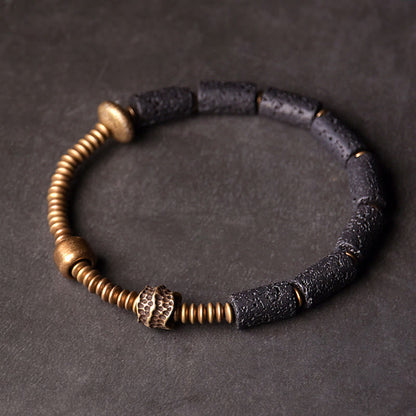 Buddhist Blessing Luck Wealth Black Lava Rock Beads Copper Bracelet