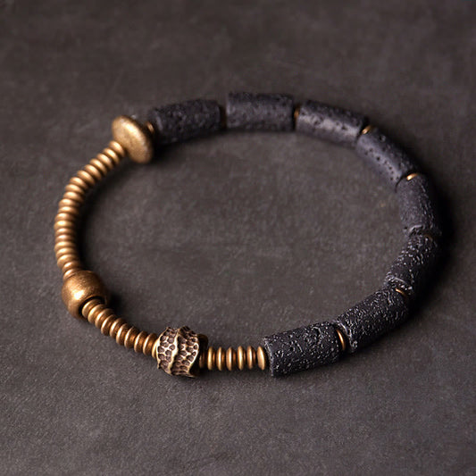 Buddhist Blessing Luck Wealth Black Lava Rock Beads Copper Bracelet