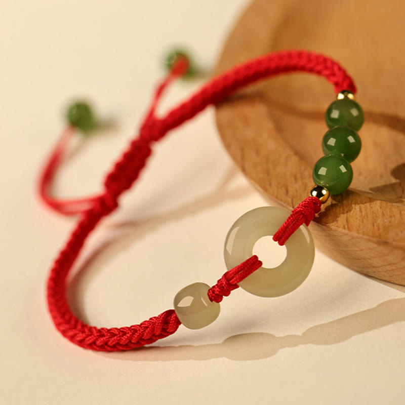 Buddhist Blessing Natural Hetian Jade Peace Buckle Red String Protection Luck Bracelet