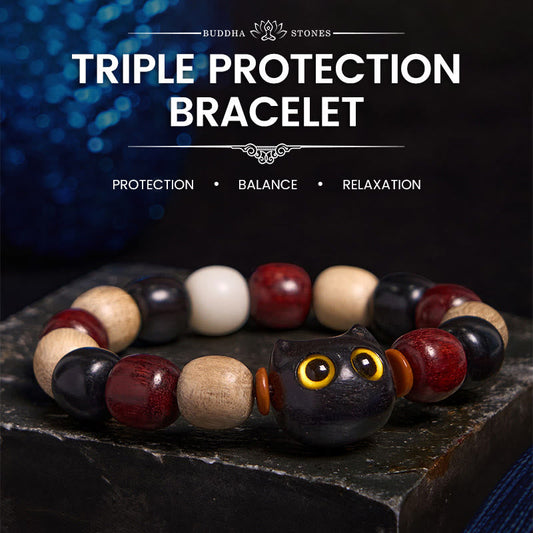 Buddhist Blessing Small Leaf Red Sandalwood Ebony Wood Cute Cat Engraved Protection Bracelet