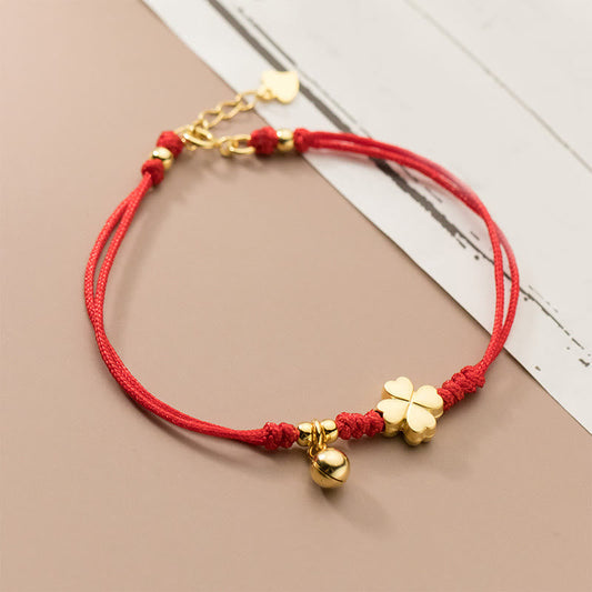 Buddhist Blessing 925 Sterling Silver Plated Gold Four Leaf Clover Red String Connection Bracelet