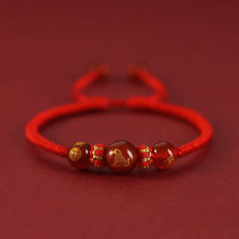 Buddhist Blessing Handmade Red Agate Chinese Zodiac Red String Braided Protection Bracelet
