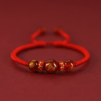 Buddhist Blessing Handmade Red Agate Chinese Zodiac Red String Braided Protection Bracelet