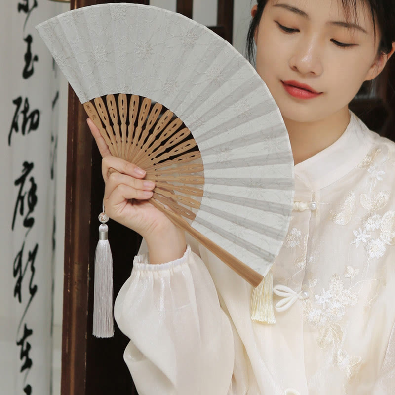Buddhist Blessing Solid Color Hollow Flowers Embroidery Cotton Fabric Handheld Bamboo Folding Fan